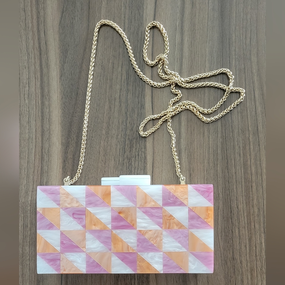 Trina Turk White Checkered Box Clutch Crossbody Acrylic Removable Chain Purse